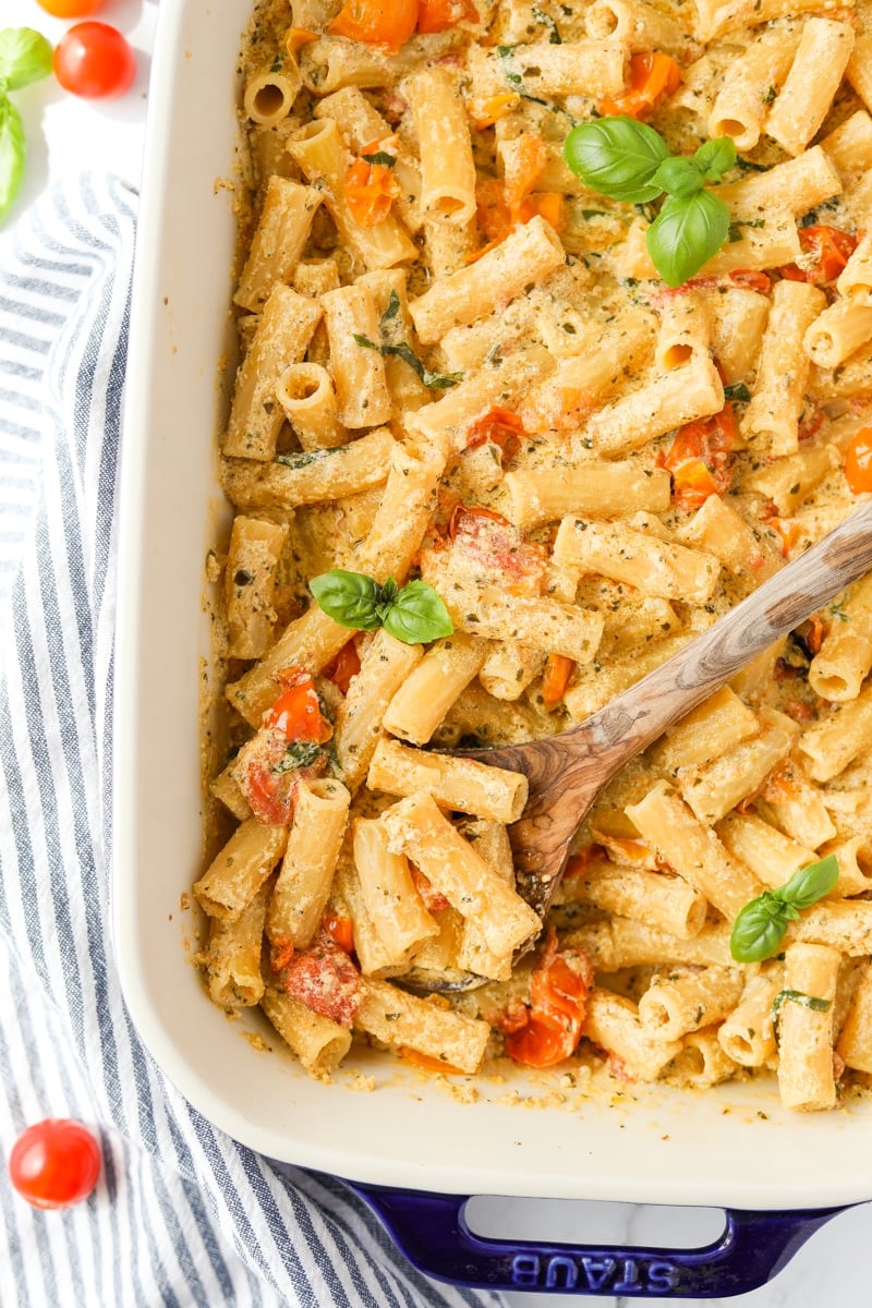 A baking dish of pasta with Boursin cheese.