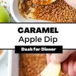 Dipping an apple slice into a caramel and toffee dessert dip.