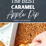 Dipping an apple slice into a caramel and toffee dip.