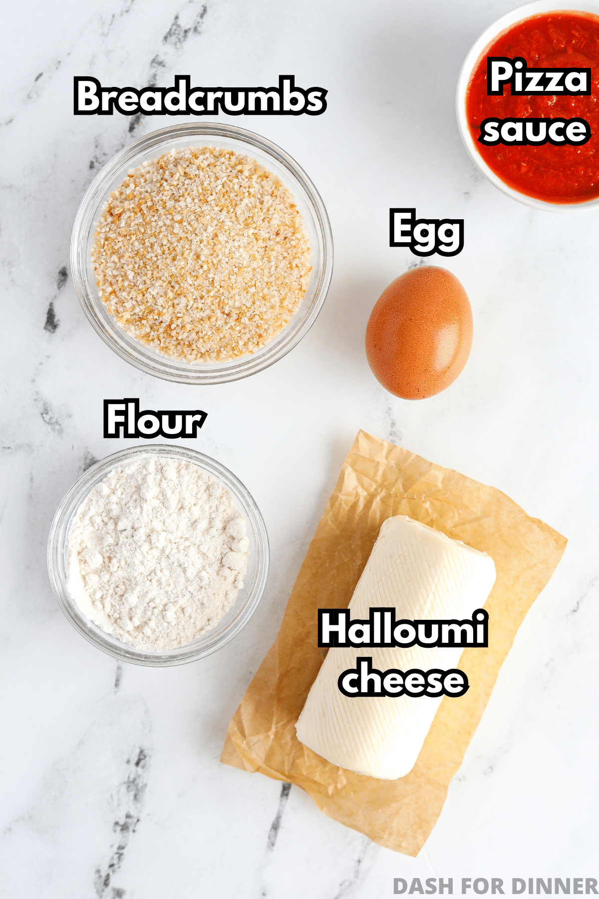 Ingredients needed to make air fryer cheese fries: halloumi, breadcrumbs, flour, egg, and pizza sauce.