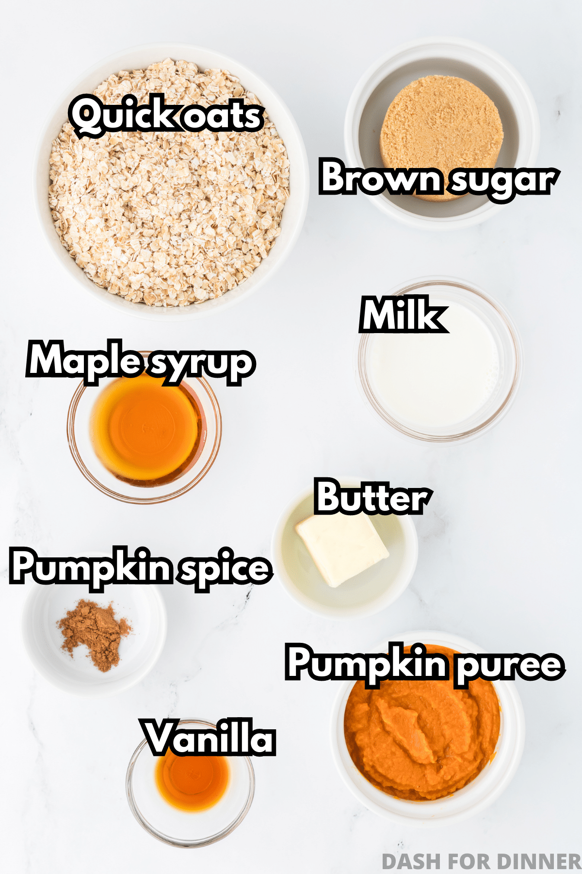 The ingredients needed to make pumpkin no bake cookies: oats, brown sugar, milk, butter, maple syrup, pumpkin puree, spices, and vanilla.