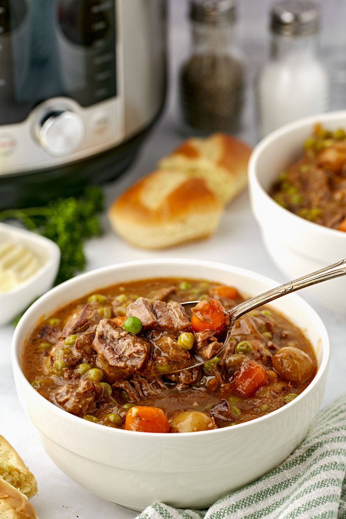 A bowl of beef stew filled with tender vegetables.