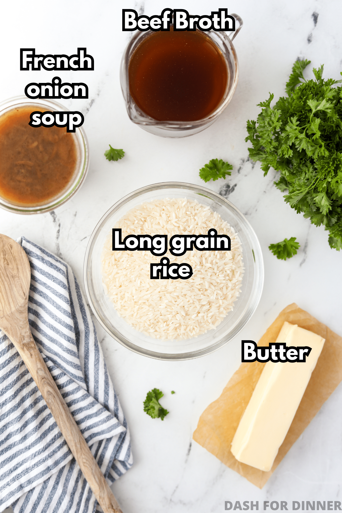 The ingredients needed to make butter rice: broth, French onion soul, butter, and long-grain rice.