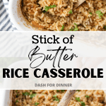 A wooden spoon taking a portion of cooked rice casserole from a baking dish.