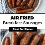 A plate of breakfast sausages that are cooked and browned.