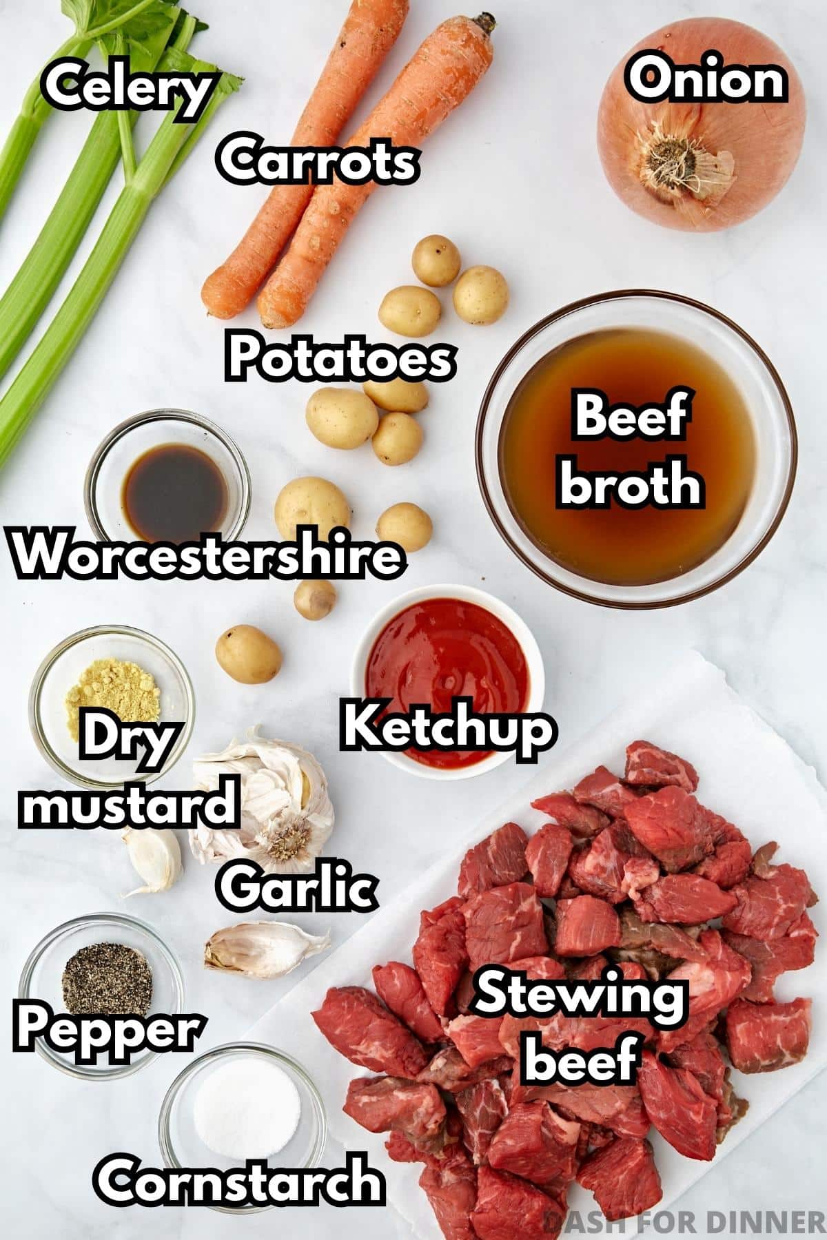 The ingredients needed to make beef stew: beef broth, vegetables, seasonings, cornstarch, beef cubes, etc.