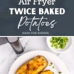 An air fryer basket filled with potato halves and topped with cheese and bacon.