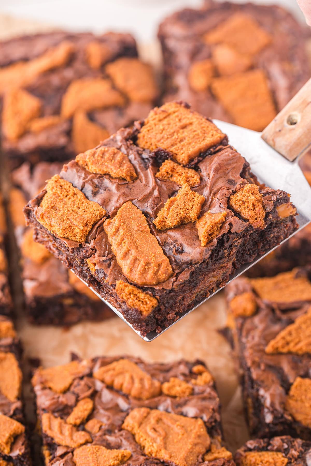 A brownie on a spatula, covered with Lotus Biscoff biscuit pieces.
