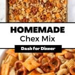 A baking sheet filled with Chex mix ingredients.