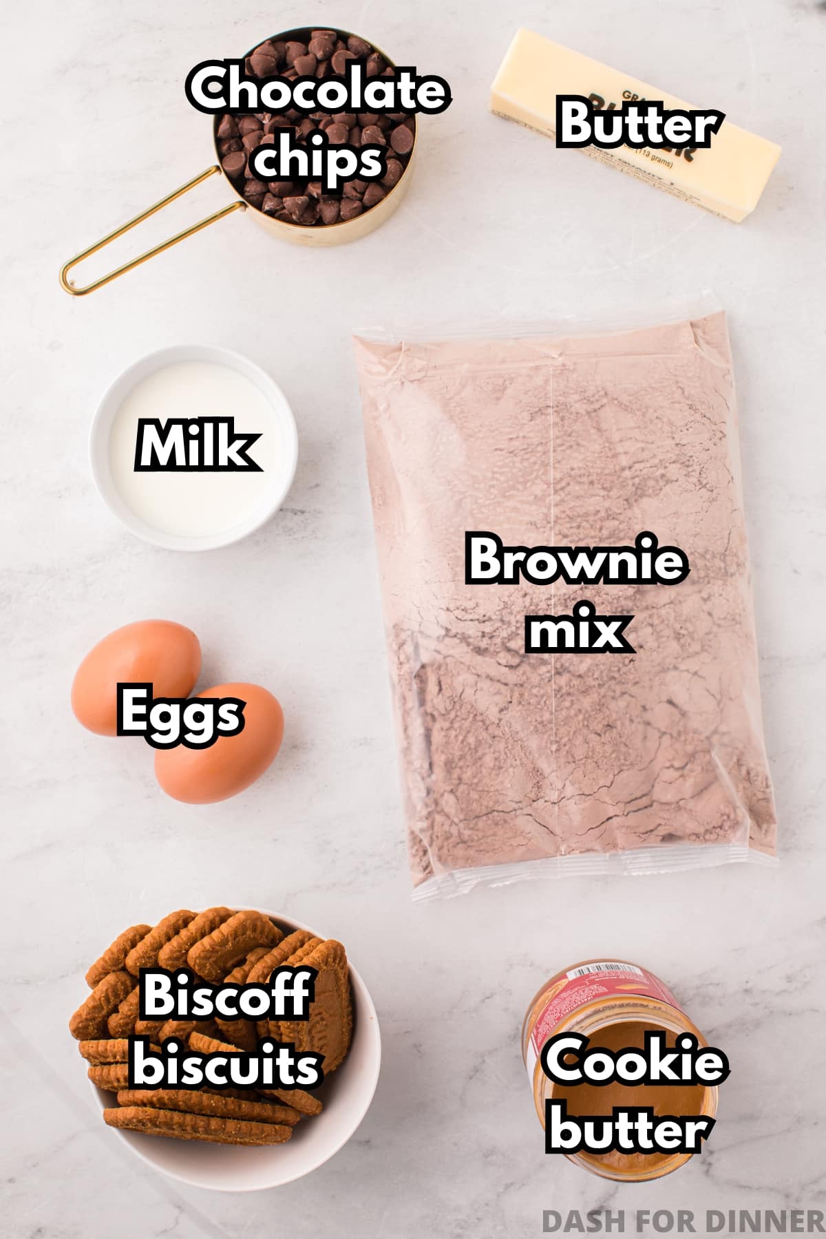 The ingredients needed to make Biscoff brownies.