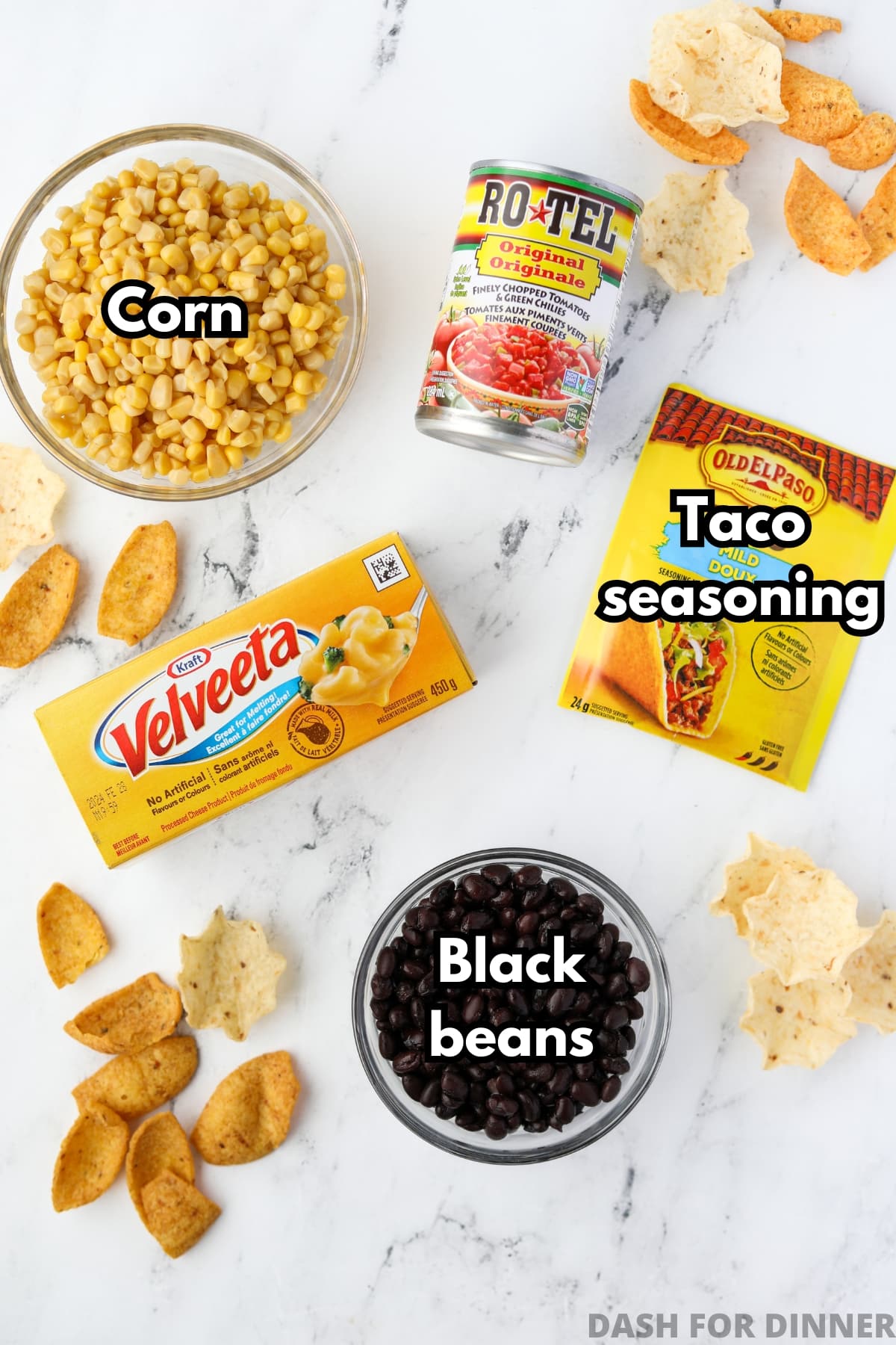 The ingredients needed to make Southwest dip: Velvet, beans, corn, taco seasoning, and Rotel.