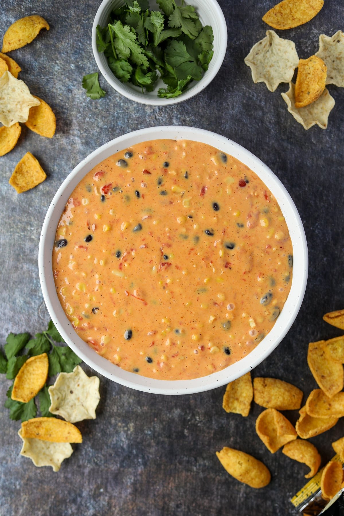 A bowl with Southwest inspired Rotel dip, with tortilla scoops and corn chips around.