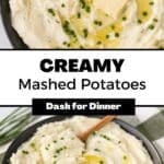 A bowl with creamy mashed potatoes topped with melted butter and chives.