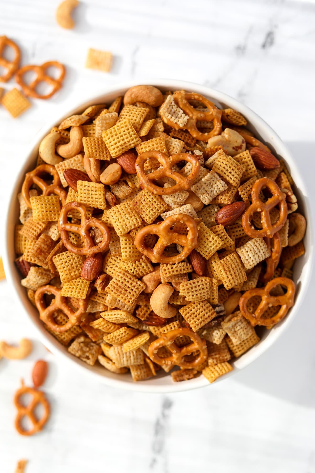 A large bowl filled with gluten free Chex Mix.