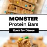 Sliced protein bars dotted with M&M candies.