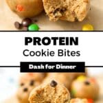 Three protein cookie dough balls on a piece of parchment paper.