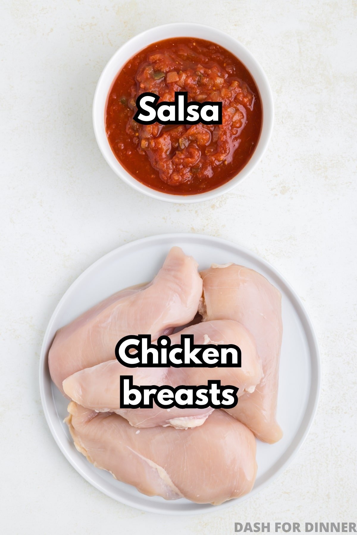A plate of chicken breasts, with a bowl of salsa on a white background.