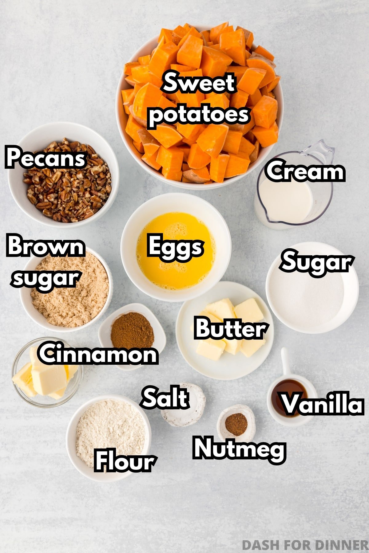 The ingredients needed to make sweet potato casserole, including butter, eggs, brown sugar, pecans, and cream.