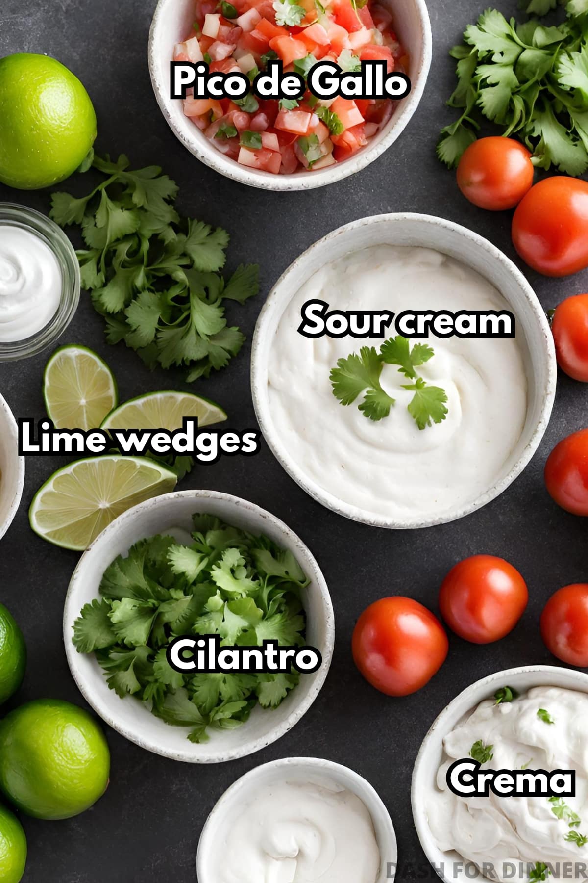 Taco topping ideas, including cilantro, lime wedges, sour cream, pico de gallo, crema, and fresh tomatoes. 