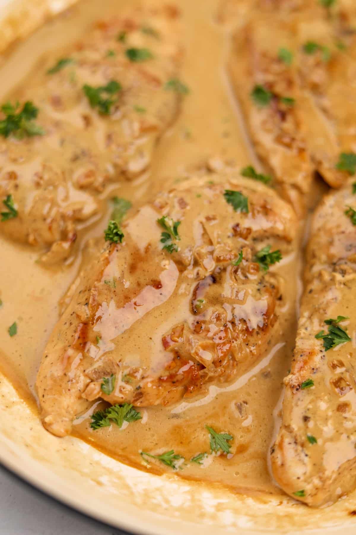 Chicken breasts in a creamy sauce and garnished with parsley.