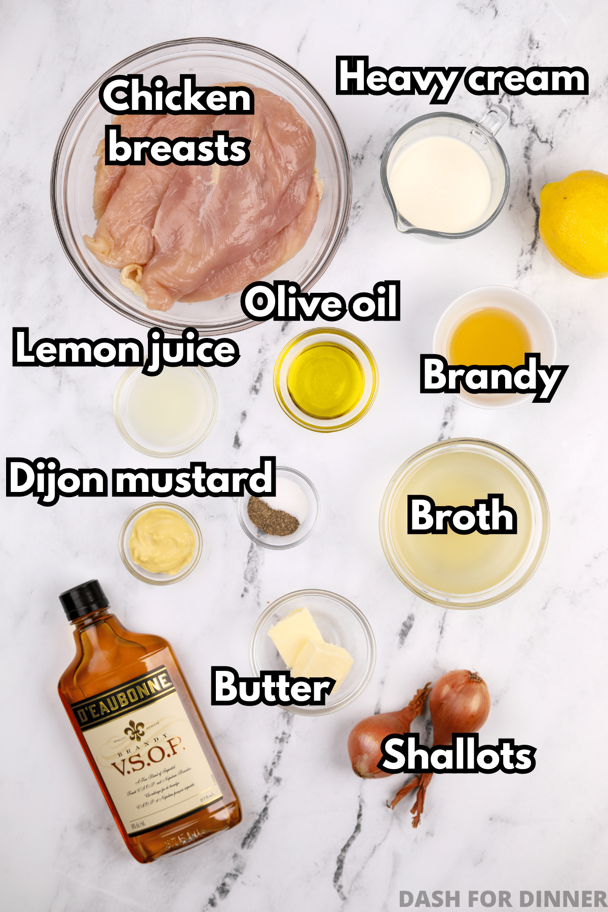 The ingredients needed to make chicken diane, including brandy, broth, mustard, olive oil, and butter.