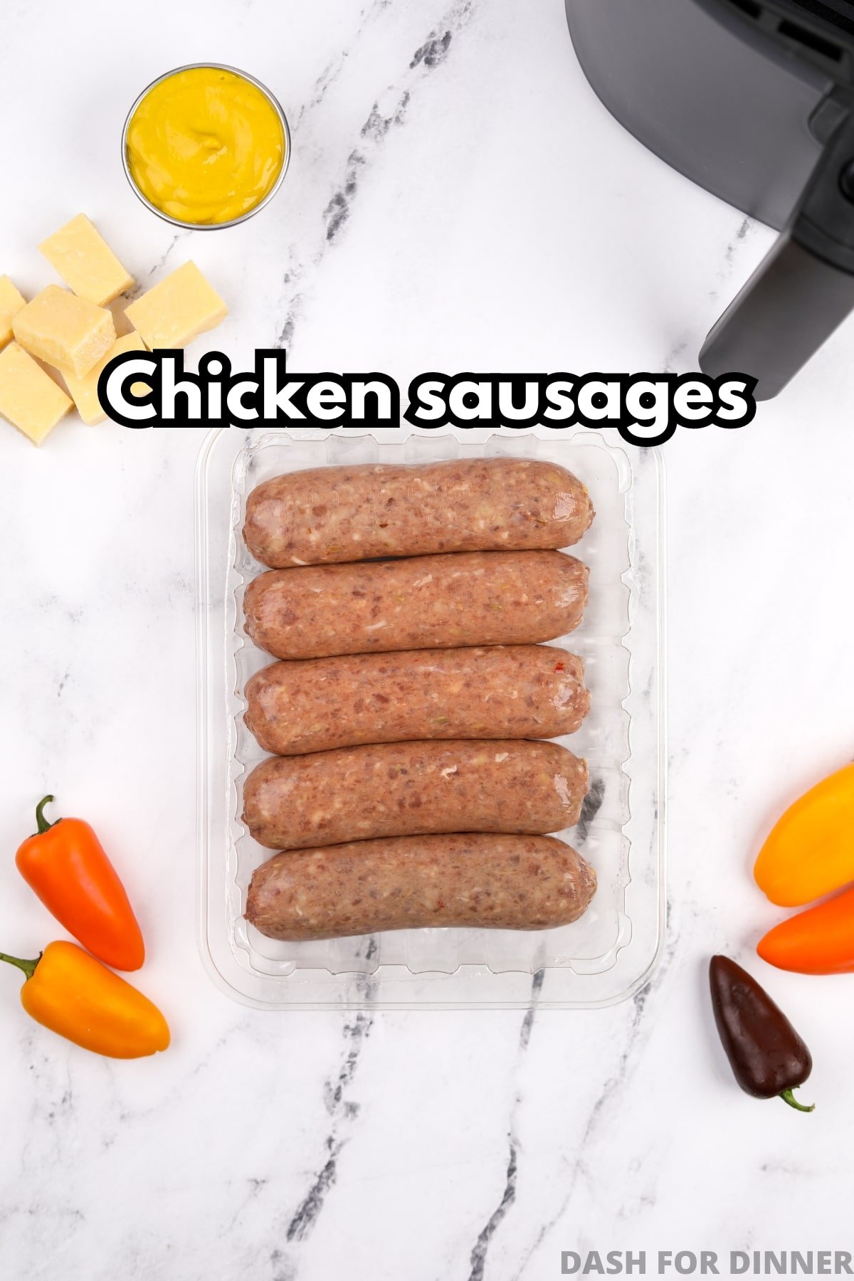 A plastic package featuring raw chicken sausages.