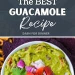 A bowl of guacamole topped with tomato, red onion, and cilantro.