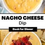 A bowl of cheesy nacho sauce garnished with bacon and tomato.