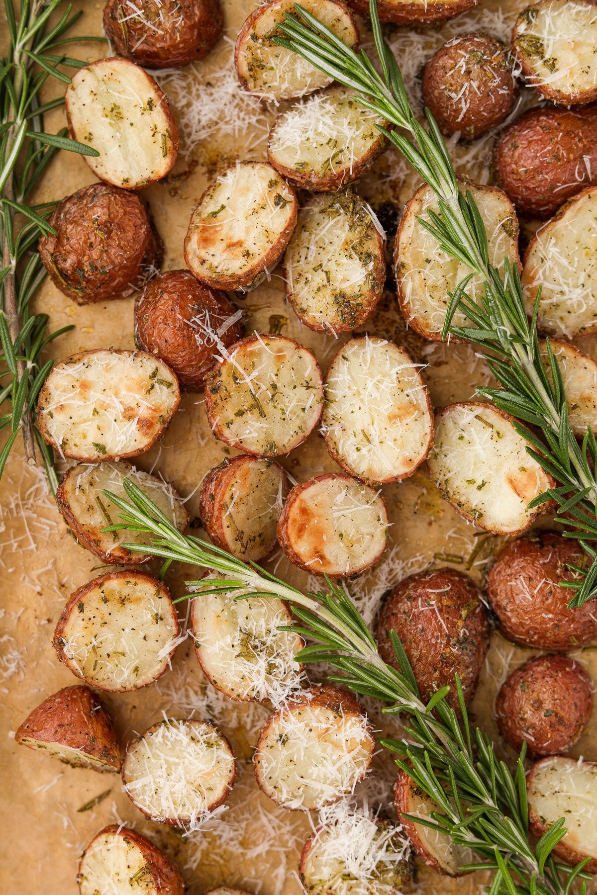Halved roasted baby potatoes on a parchment lined baking sheet, garnished with parmesan cheese and fresh sprigs of rosemary.