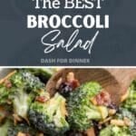 A spoon scooping a portion of broccoli salad from a large bowl. The text reads "the best broccoli salad"