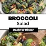 A large bowl of broccoli salad. The text box reads" "broccoli salad."