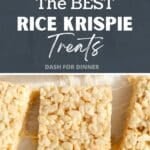 An overhead image of rice krispie treats that have been sliced. The text box reads: "The BEST Rice Krispie Treats"