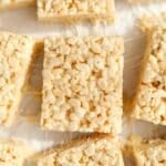 Rice krispie treats on a white background.