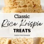 A stack of rice krispie treats. The text reads: "Classic Rice Krispie Treats"