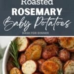 A bowl of roasted baby potatoes, garnished with fresh sprigs of rosemary.