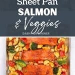 A fork flaking a fillet of salmon, surrounded with vegetables. The text box reads: "Sheet pan salmon and veggies"