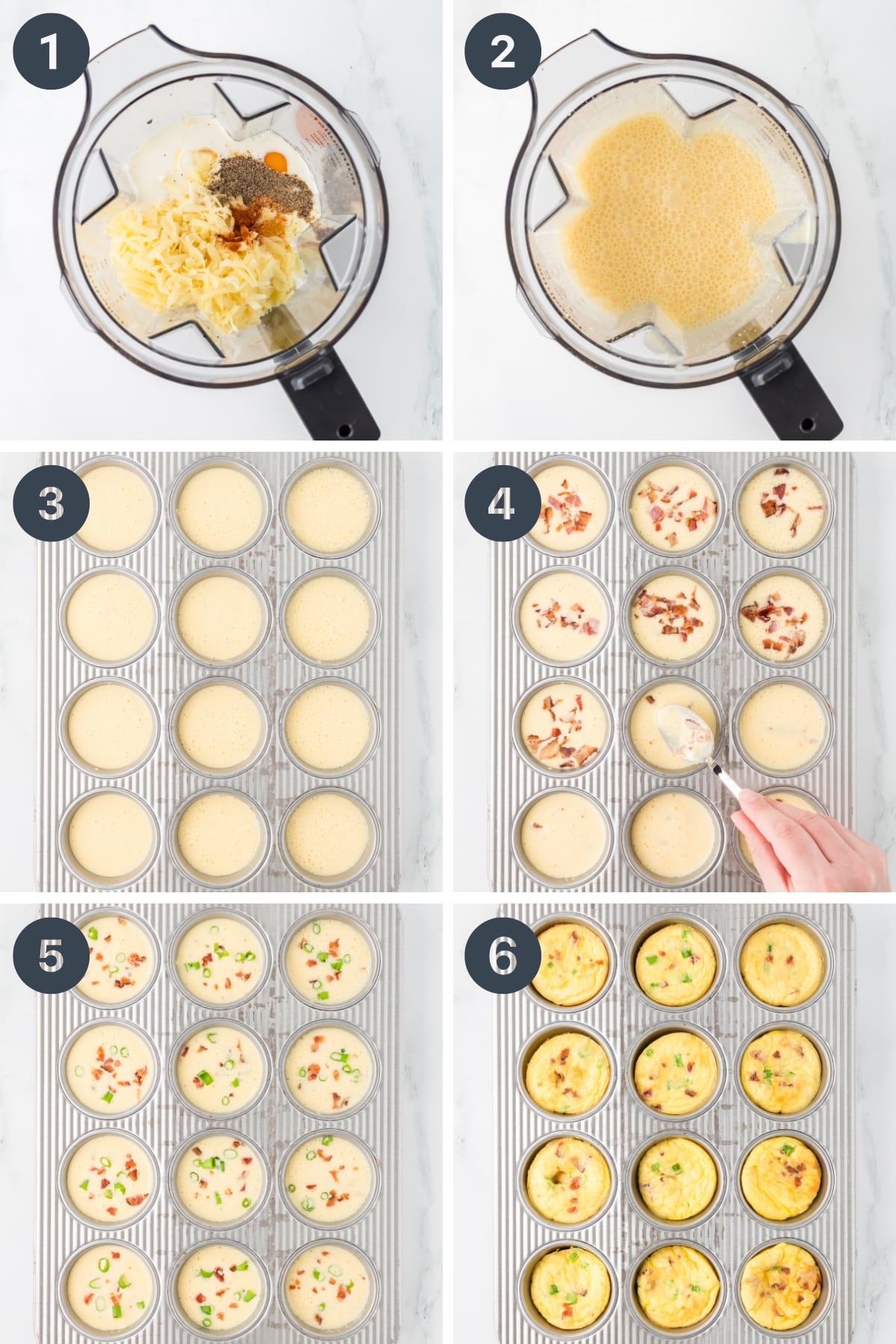 Blending together eggs, cottage cheese, and cheese, then pouring them into muffin cups with bacon to bake until cooked through.