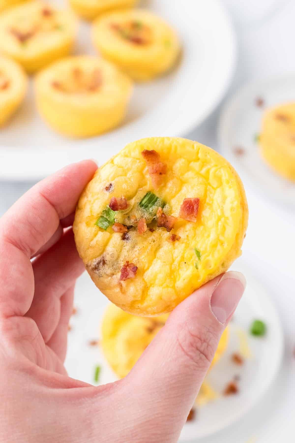 A hand holding an egg bite garnished with crumbled bacon and green onion.
