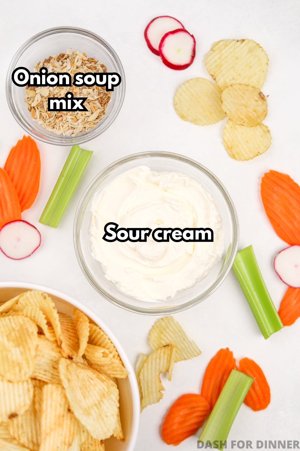 The ingredients needed to make onion dip: onion soup mix and sour cream.