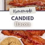 Strips of glazed bacon on a wire baking rack. The text box reads: "Homemade Candied Bacon"