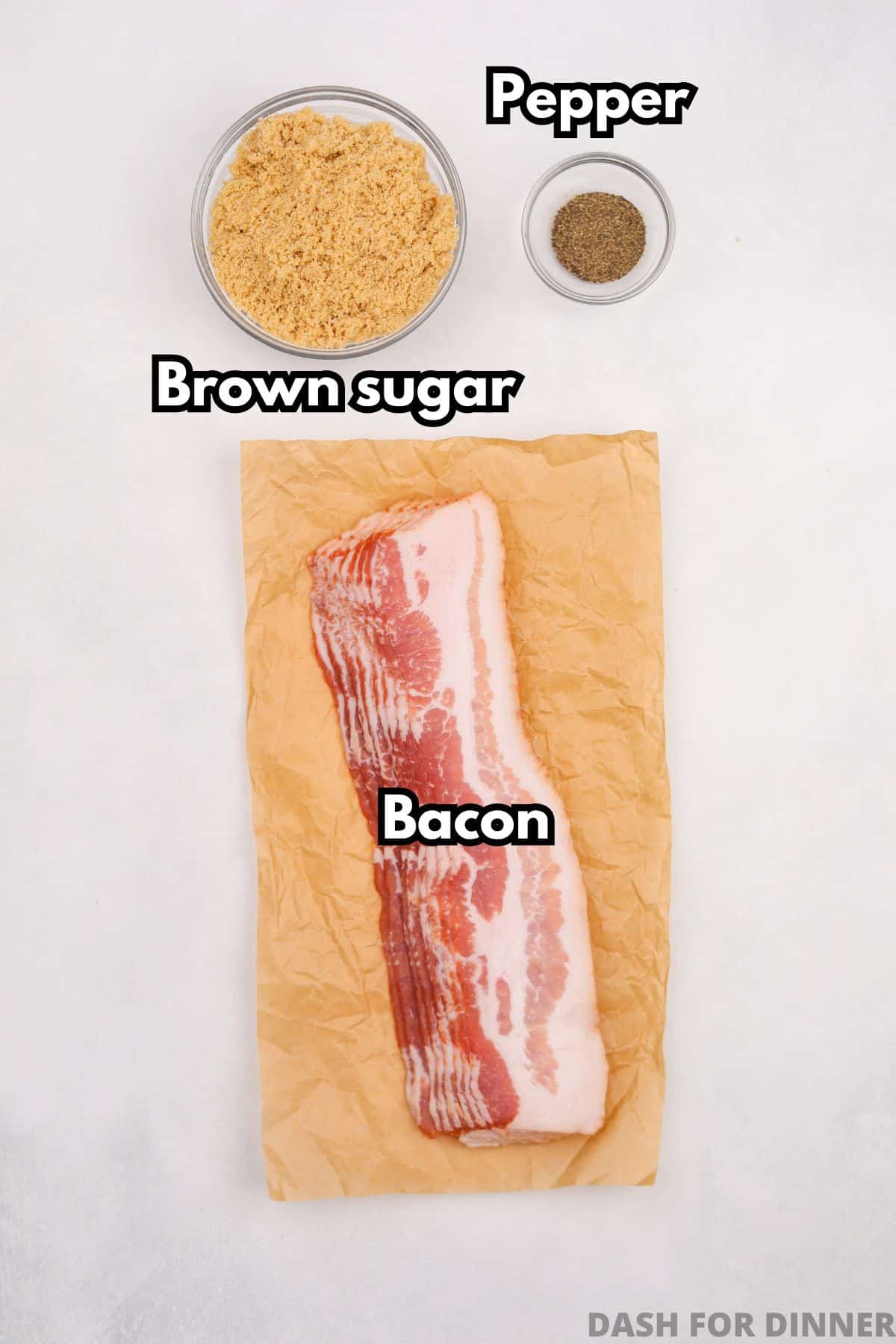 The ingredients needed to make candied bacon: brown sugar, pepper, and bacon.