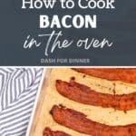 Uncooked bacon on a bacon sheet. The text box reads "how to cook bacon in the oven"