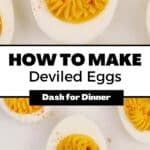 Deviled eggs that have been garnished with a sprinkling of paprika. A text box reads: "How to Make Deviled Eggs"