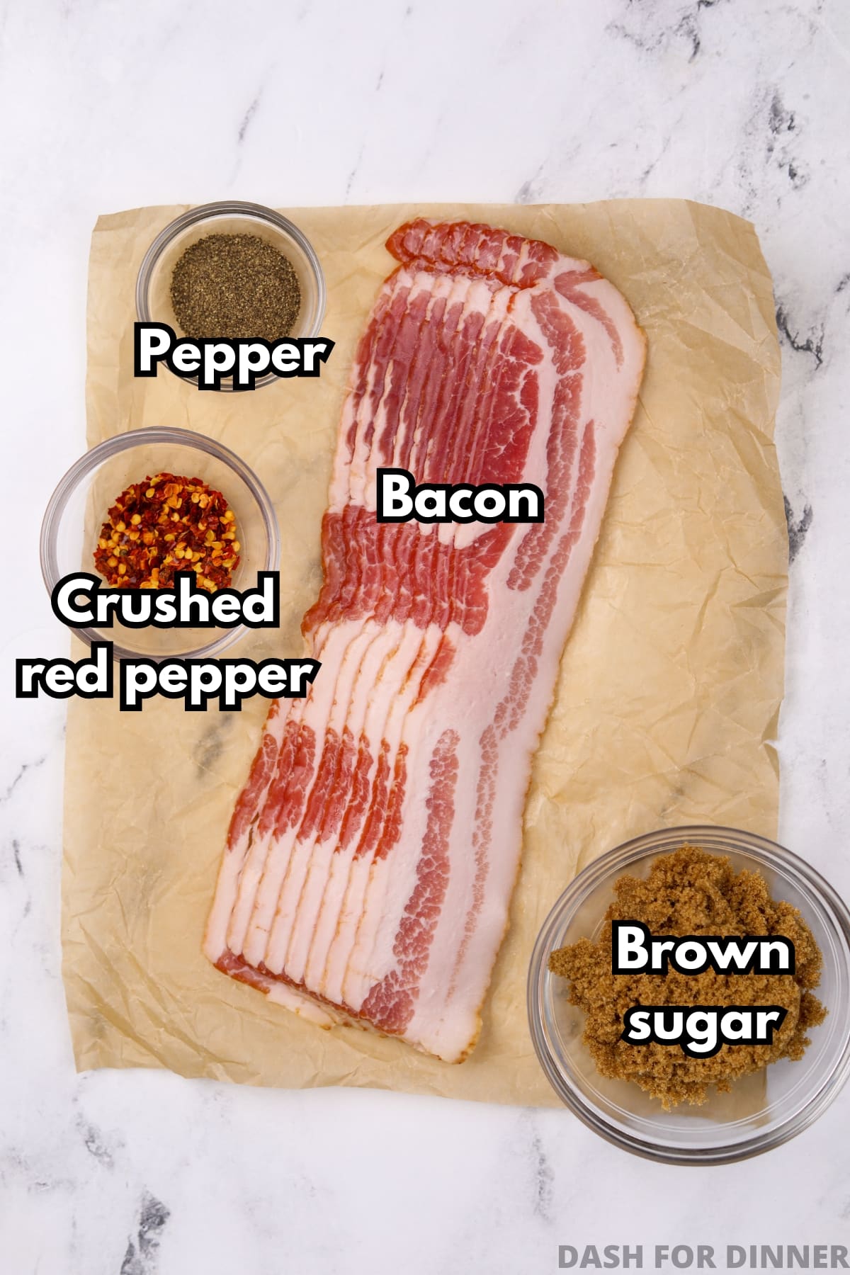 The ingredients needed to make spicy candied bacon: bacon, crushed red pepper, brown sugar, and black pepper.