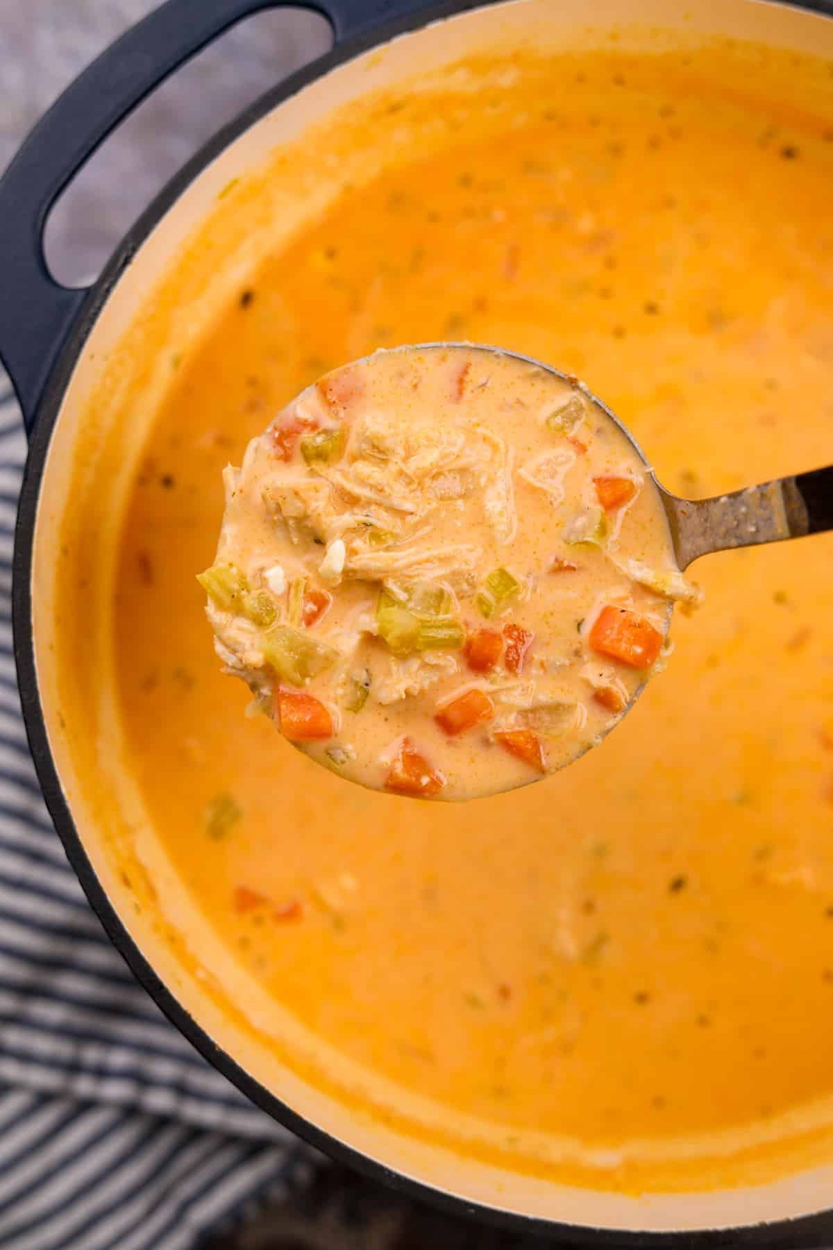 A ladle scooping soup from a dutch oven.