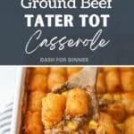 A baking dish filled with a casserole that is topped with crispy Tater Tots.