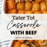 Lifting tater tot casserole from a baking dish with a wooden spoon.