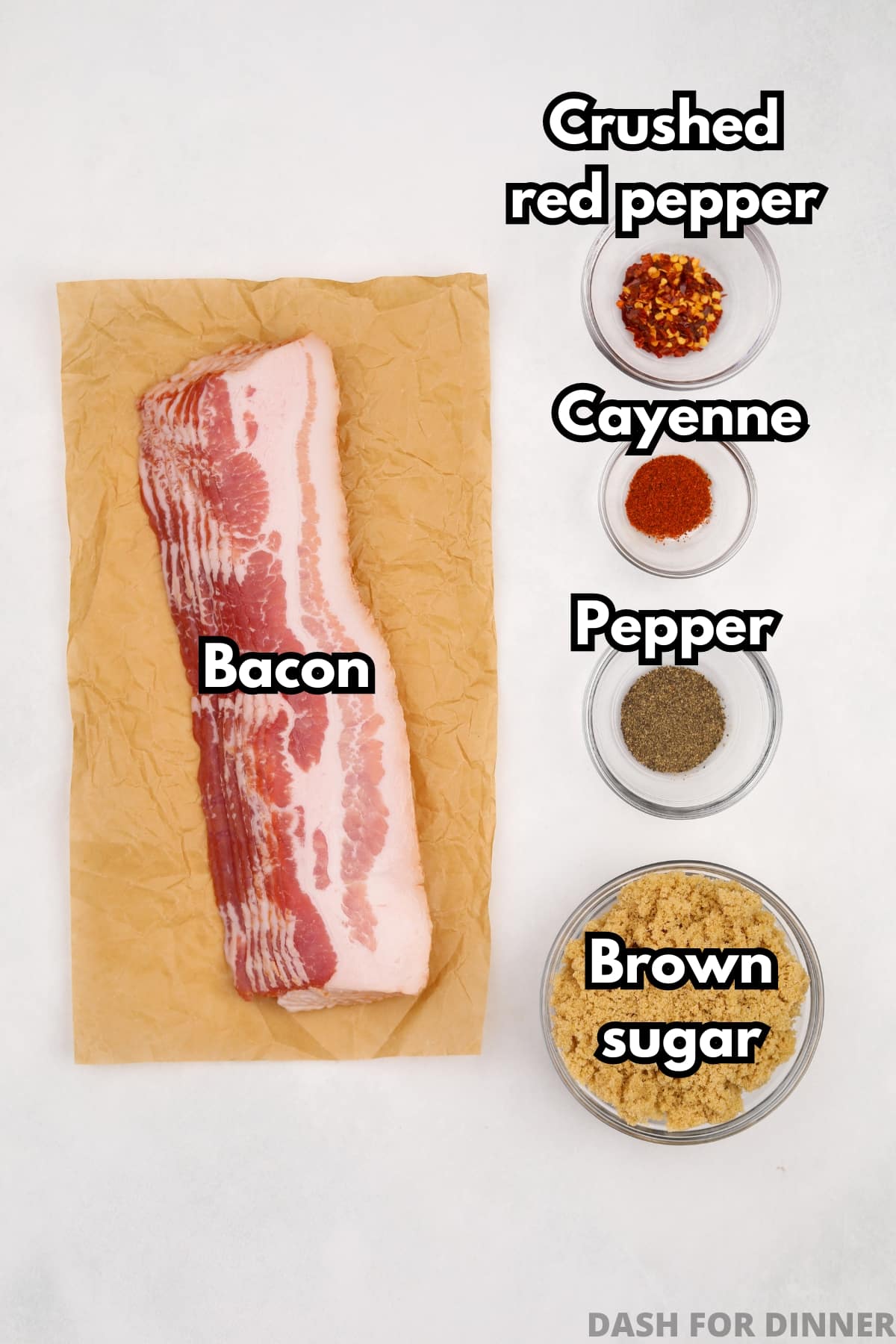 The ingredients you need to make millionaire bacon: bacon, brown sugar, pepper, cayenne, and crushed red pepper.