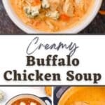 A bowl of buffalo chicken soup topped with blue cheese crumbles.