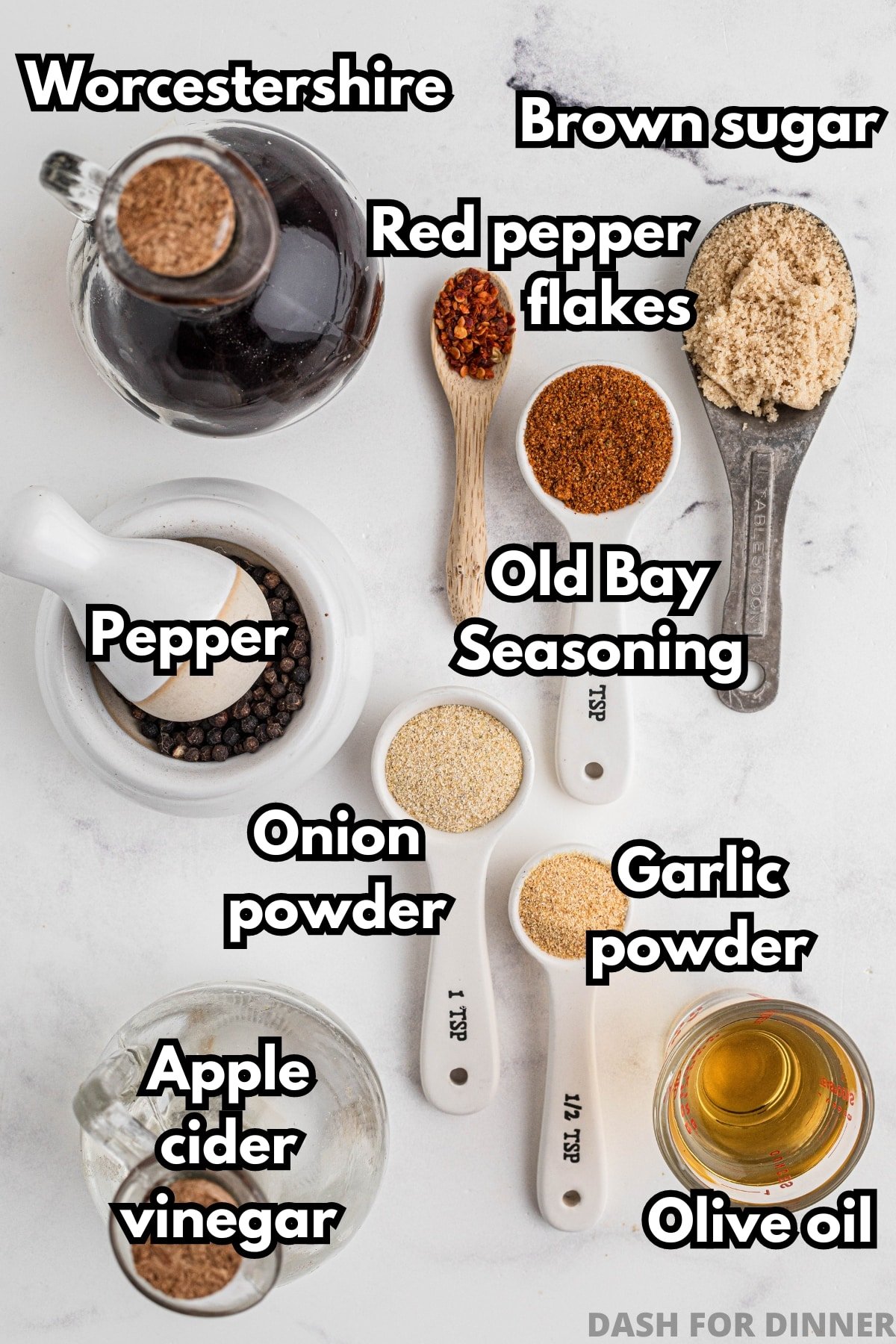 The ingredients needed to make chicken marinade: brown sugar, worcestershire sauce, red pepper flakes, apple cider vinegar, olive oil, etc.